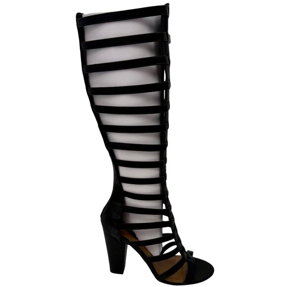 NIB ShoeDazzle Black Vegan Leather Back Zipper Strappy Gladiator Heeled Sandals - Picture 9 of 16